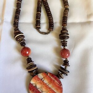 Vintage Statement Brown and Red Beaded Necklace Tribal